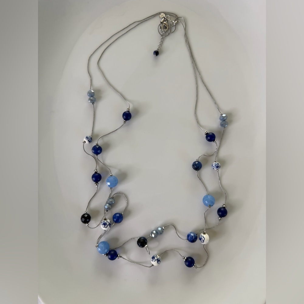 LOFT Blue Station Necklace Long Beaded Layering Necklace Porcelain Style - Picture 2 of 5
